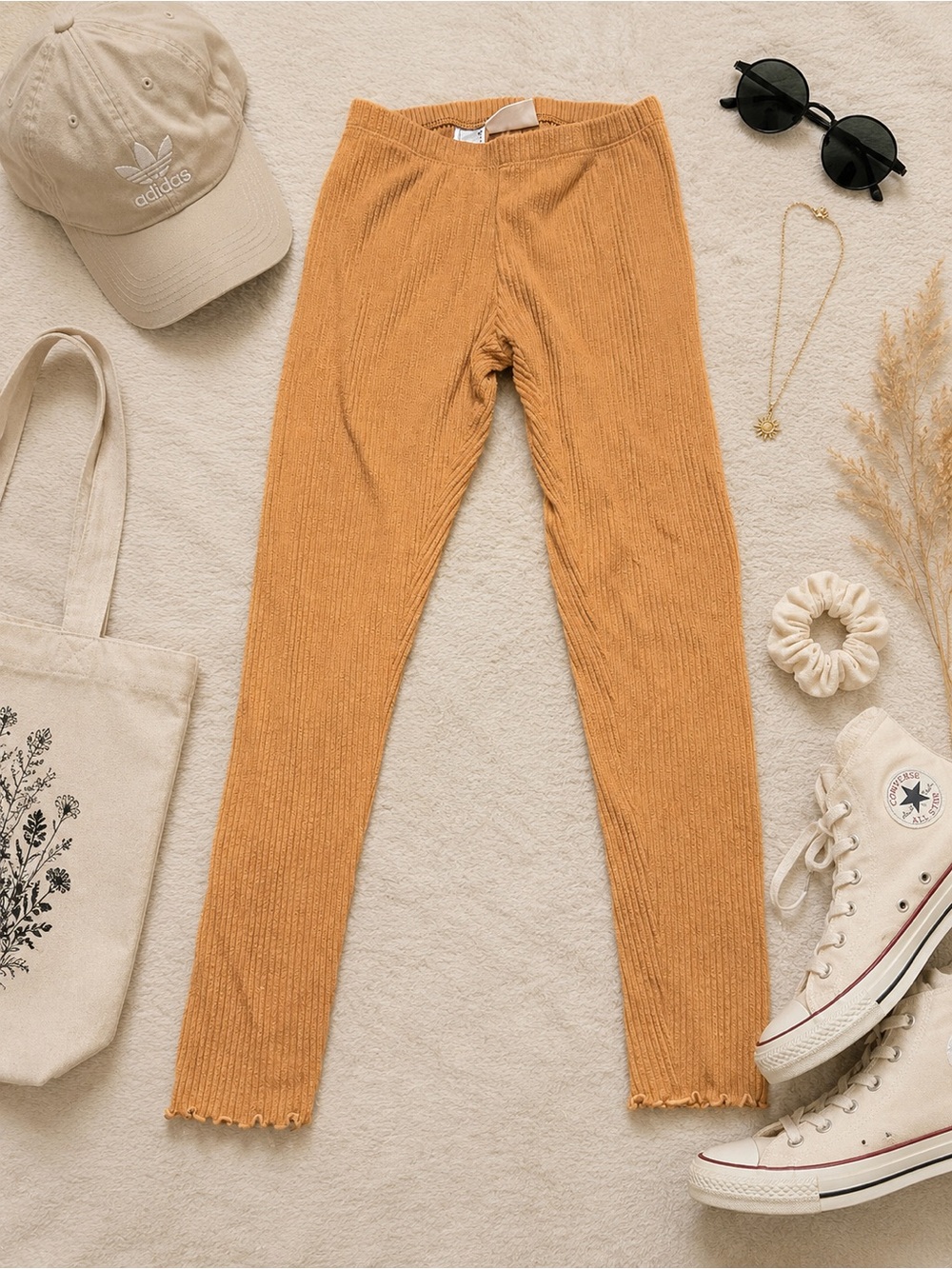 Cat & Jack Girls Tan Ribbed Knit Leggings Size 10/12 Pull On